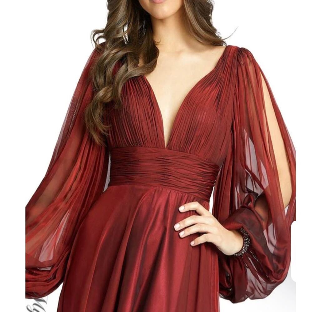 New!Mac Duggal Deep Red Long Sleeve Flowy Eleban Chiffon Gown Sz 8 - Picture 8 of 10